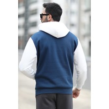 John Borners Erkek Kapüşonlu Sweatshirt Indigo Regularfit 3 İp Şardonlu Baskılı Kanguru Cepli Hoodie - 5338