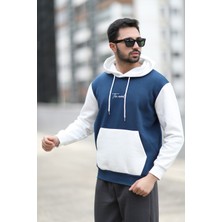 John Borners Erkek Kapüşonlu Sweatshirt Indigo Regularfit 3 İp Şardonlu Baskılı Kanguru Cepli Hoodie - 5338