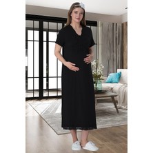 Mecit Pijama Mecit 6064 Siyah Desenli Sabahlıklı Gecelik Pijama Lohusa Set