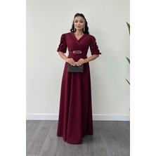 Ithal Krep Kumaş Balon Kol Inci Detaylı Maxi Elbise - Bordo