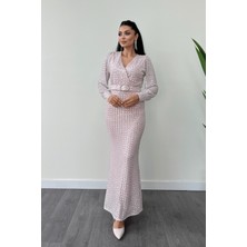 Kareli Payet Kumaş Kruvaze Yaka Elbise - Pudra