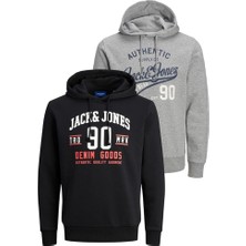 Jack & Jones Erkek Jjethan 12221273 2'li Kapüşonlu Sweatshirt Gri, Siyah