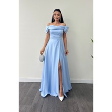 Giyimmasalı Saten Kumaş Büzgülü Askılı Abiye Elbise - Bebe Mavisi