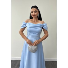Giyimmasalı Saten Kumaş Büzgülü Askılı Abiye Elbise - Bebe Mavisi