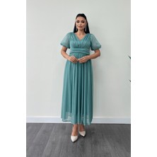 Tül Simli Kumaş Büzgü Detaylı Midi Elbise - Mint Yeşili