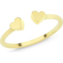 Gümüşcüm Iki Kalpli Altın Kaplama Bayan Gümüş Yüzük