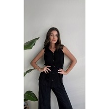 Juli Dress Kadın Siyah Piliseli Düğmeli Kuşaklı Kolsuz Gömlek Palazzo Pantolon Alt Üst 2’li Premium Takım