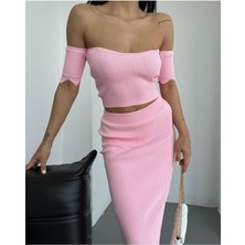 Juli Dress Kadın Açık Pembe Kısa Kollu Crop Bluz ve Yırtmaçlı Midi Etek Alt Üst Premium Triko Takım