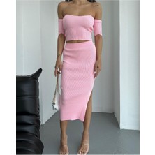 Juli Dress Kadın Açık Pembe Kısa Kollu Crop Bluz ve Yırtmaçlı Midi Etek Alt Üst Premium Triko Takım