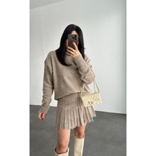 Juli Dress Koyu Vizon Renk Pileli Mini Etek Balıkçı Kazak Alt Üst Triko Takım