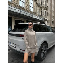Juli Dress Koyu Vizon Renk Pileli Mini Etek Balıkçı Kazak Alt Üst Triko Takım