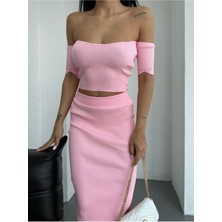 Juli Dress Kadın Pembe Kalp Yaka Bluz Etek Ikili Takım