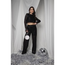 Juli Dress Siyah Pul Payet Transparan Tüy Detaylı Crop Bluz Beli Lastikli Şort Astarlı Pantolon Alt Üst Takım