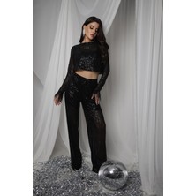 Juli Dress Siyah Pul Payet Transparan Tüy Detaylı Crop Bluz Beli Lastikli Şort Astarlı Pantolon Alt Üst Takım