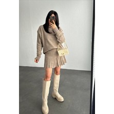Juli Dress Koyu Vizon Renk Pileli Mini Etek Balıkçı Kazak Alt Üst Triko Takım