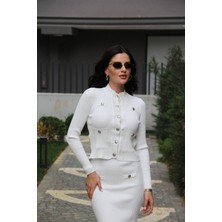 Juli Dress Düğme Detaylı Beyaz Fitilli Hırka Etek Alt Üst Triko Takım