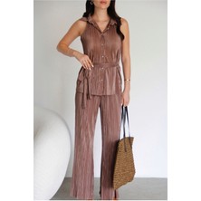 Juli Dress Julidress Vizon Taş Düğmeli Kuşaklı Kolsuz Gömlek Pantolon Alt Üst Premium Piliseli Takım