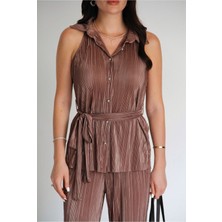 Juli Dress Julidress Vizon Taş Düğmeli Kuşaklı Kolsuz Gömlek Pantolon Alt Üst Premium Piliseli Takım
