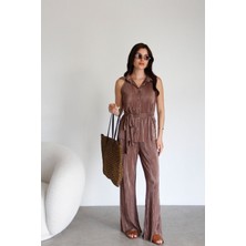 Juli Dress Julidress Vizon Taş Düğmeli Kuşaklı Kolsuz Gömlek Pantolon Alt Üst Premium Piliseli Takım