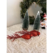 Yılbaşı 2li Kırmızı Simli kuş noel süsü ağaç yeniyıl 21 cm