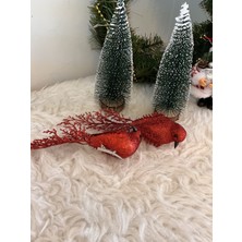 Yılbaşı 2li Kırmızı Simli kuş noel süsü ağaç yeniyıl 21 cm