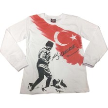 Salar Ticaret Uzun Kol Beyaz Atatürk Kocatepe Tişört Unisex Pamuklu Ürün 9-10 Yaş