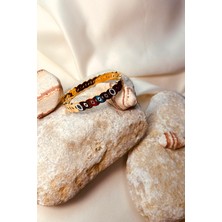 Mooni Accessories Şık Tasarım Italyan Kelepçe Model Renkli Mineli Gözlü Gold Paslanmaz Çelik Bileklik