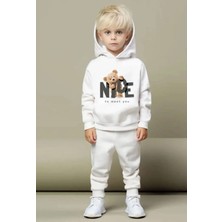 Kids Face Özel Tasarım Kapüşonlu Nice Ayıcık Baskılı Şardonlu Kışlık Erkek Bebek-Çocuk Eşofman Takımı