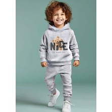 Kids Face Özel Tasarım Kapüşonlu Nice Ayıcık Baskılı Şardonlu Kışlık Erkek Bebek-Çocuk Eşofman Takımı