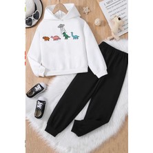 Kids Face Özel Tasarım Kapüşonlu Renkli Dinazorlar Baskılı Erkek Çocuk Eşofman Takımı