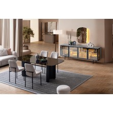 Doressa Zenta Modern Tasarımlı Yemek Odası Takımı Siyah Masa ve Krem Sandalyeler ile 6 Kişilik