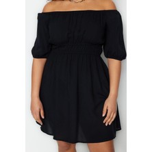 Yeni Rahat Casual Günlük Shally Dokuma Carmen Yaka Kısa Kol Skater Mini Boy Büyük Beden Elbise