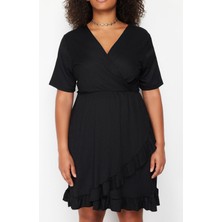 FRM Yeni Slim Casual Günlük Bürümcük Örme Kruvaze Kısa Kol Anvelop Mini Boy Büyük Beden Elbise