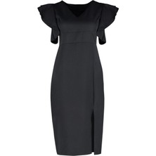 FRM Yeni Fit Şık Abiye Gece Finike Dokuma V Yaka Kısa Kol Bodycone Midi Boy Büyük Beden Elbise