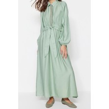 FRM Yeni Regular Günlük Keten Aerobin Dokuma Bisiklet Yaka Uzun Kol A-Line Maxi Boy Tesettür Elbise