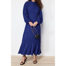 FRM Yeni Regular Casual Günlük Jakar Dokuma Bisiklet Yaka Uzun Kol A-Line Maxi Boy Tesettür Elbise