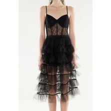 Yeni Fit Mezuniyet Balo Tül Dokuma V Yaka Askılı Kol Skater Midi Boy Elbise