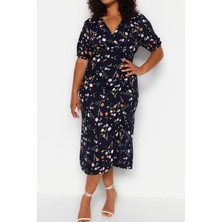 FRM Yeni Rahat Casual Günlük Shally Dokuma Kruvaze Kısa Kol A-Line Midi Boy Büyük Beden Elbise