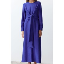 FRM Yeni Regular Casual Günlük Aerobin Dokuma V Yaka Uzun Kol A-Line Midi Boy Tesettür Elbise