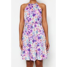 FRM Yeni Regular Casual Günlük Şifon Dokuma Halter Yaka Kolsuz Kol A-Line Mini Boy Elbise