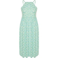 Yeni Slim Casual Günlük Bürümcük Örme Kare Yaka Askılı Kol Skater Midi Boy Büyük Beden Elbise