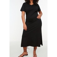 FRM Yeni Slim Casual Günlük Süprem Örme V Yaka Kısa Kol Shift Midi Boy Büyük Beden Elbise