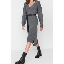 FRM Yeni Oversize Casual Günlük Selanik Triko V Yaka Uzun Kol Shift Maxi Boy Elbise