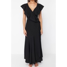 FRM Yeni Regular Plaj Günlük Brode Dokuma Kruvaze Askılı Kol Kruvaze Maxi Boy Elbise