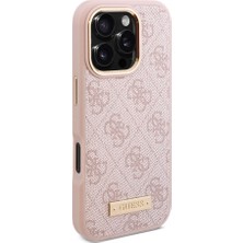 iPhone 16 Pro Uyumlu Kılıf Guess Lisanslı Magsafe Özellikli 4g Desenli Pu Metal Klasik Logolu Pembe