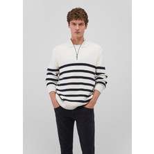 Mavi Yarı Fermuarlı Çizgili Beyaz Kazak 0710131-70057