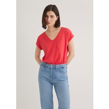 Mavi V Yaka Kırmızı Basic Tişört 1600961-71083