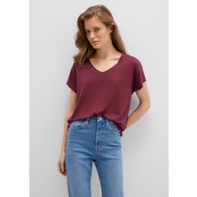 Mavi V Yaka Bordo Basic Viskoz Tişört 167714-70393