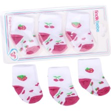 Beyaz Pembe Kiraz Desenli 3'lü Çorap 0-6 Ay
