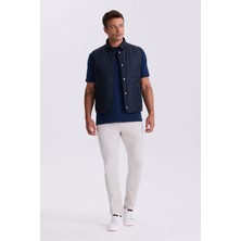 Lacivert Hakim Yaka Elyaflı Slim Fit Yelek